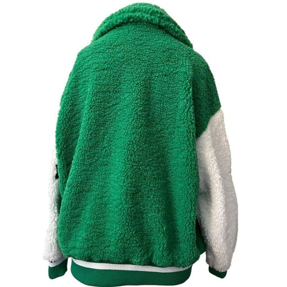Ladies Medium Teddy Bear Green Varsity Bomber Jacket Plush Furry Unique Oversize - Picture 4 of 7
